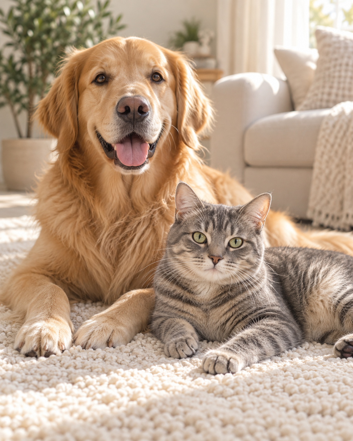 A golden retriever and grey tabby cat relaxing together on a soft cream rug